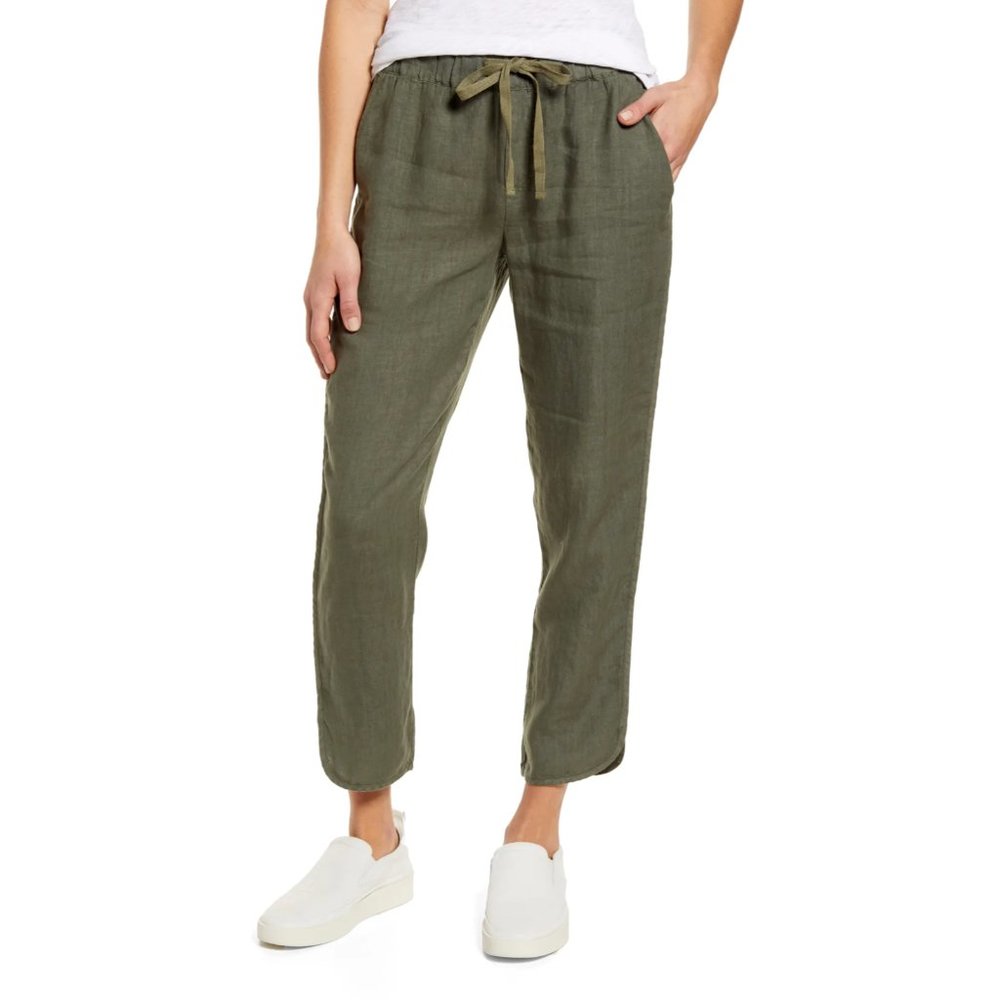 Relaxed Drawstring Linen Pants - Olive